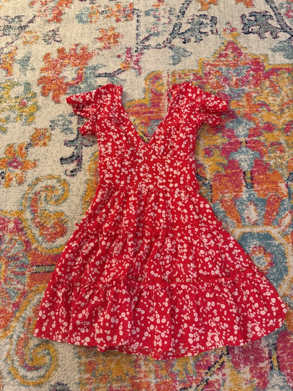 Red Floral V-Neck Tiered Dress